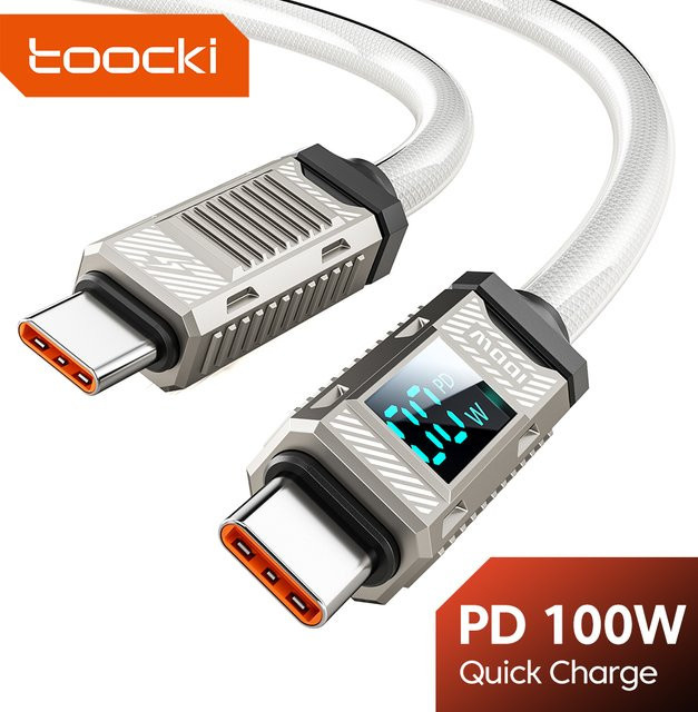 Toocki USB-C auf USB-C Datenkabel mit Display, 100W Schnellladekabel aus Zinklegierung in Weiß - Bild 1