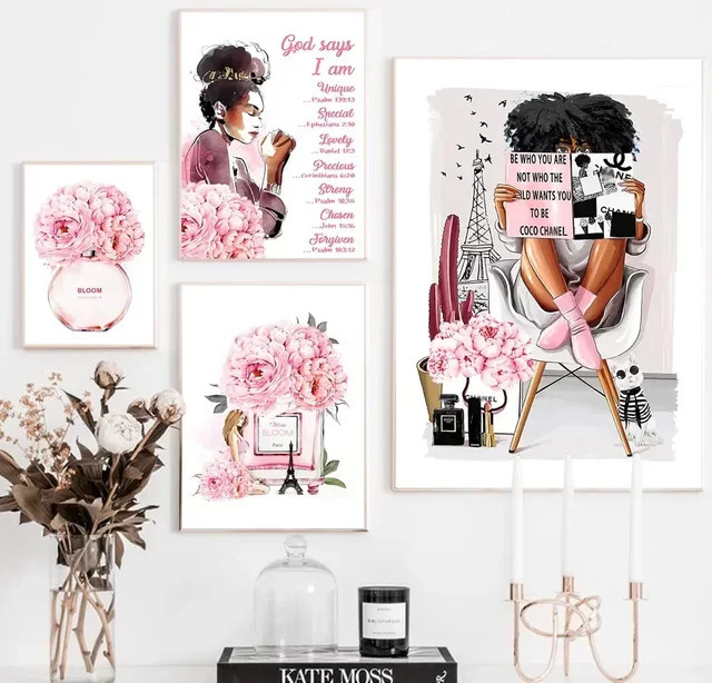 Potdemiel Wandkunst Leinwand im skandinavischen Stil mit Motiv Mädchen, High Heels und Pfingstrosen in Schwarz - Bild 1