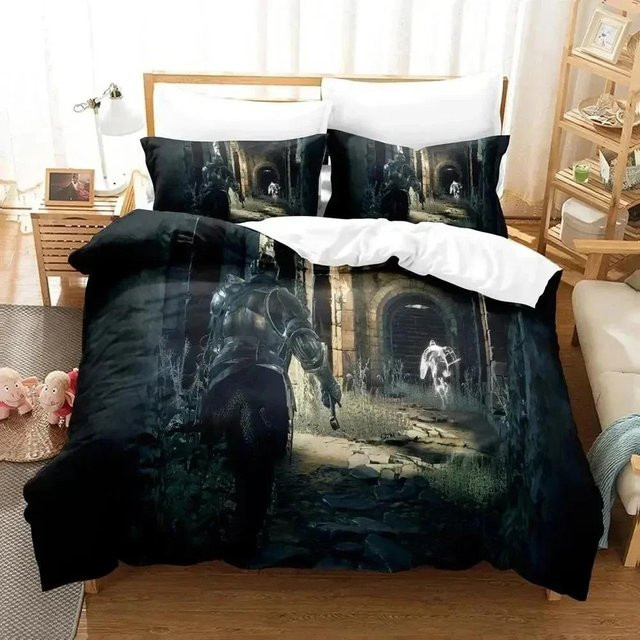Dark Souls Bettwäsche-Set von Binchi Fitness mit 3D-Druck, Farbe Schwarz, bestehend aus Bettbezug und Kissenbezug, Maße: Breite: 133 cm, Höhe: 70 cm - Bild 1