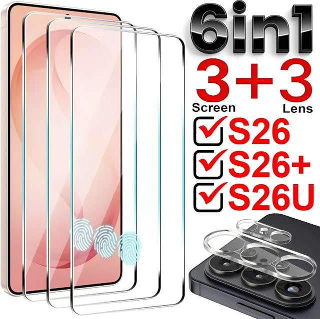 6-in-1 Displayschutzfolien aus gehärtetem Glas mit Kameralinsenfolien für Samsung Galaxy S26 Plus Ultra, transparent, kompatibel mit Fingerabdruck-Entsperrung - Bild 1