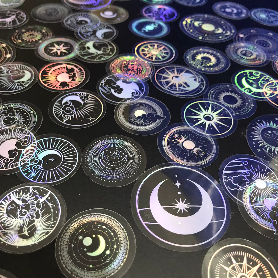 70 Stück transparente PET-Klebeetiketten in Silber mit Motiven wie Sonne, Mond und Sternen, wasserdicht und lasergeschnitten - Bild 3