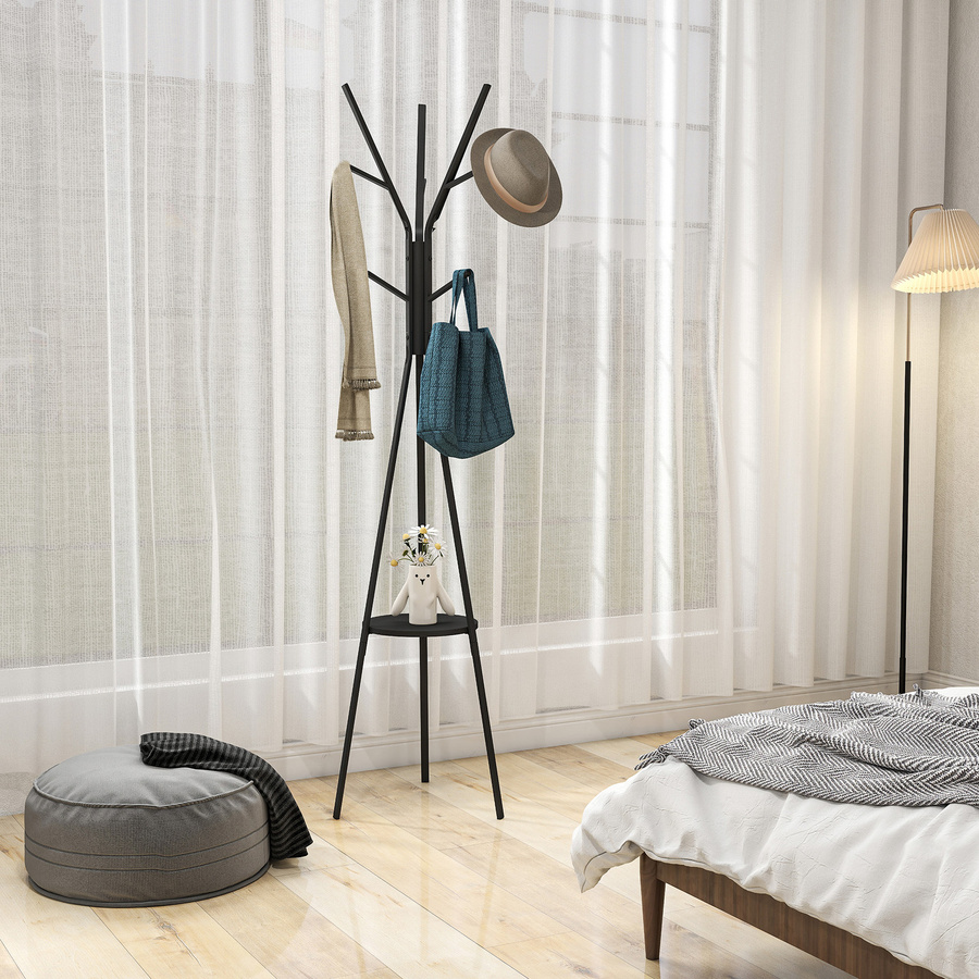 HOMCOM Garderobenständer aus Metall in Schwarz mit 8 Haken und Ablage, moderne Standgarderobe mit Dreibein-Gestell, B/T/H: 45 x 45 x 180 cm - Bild 2