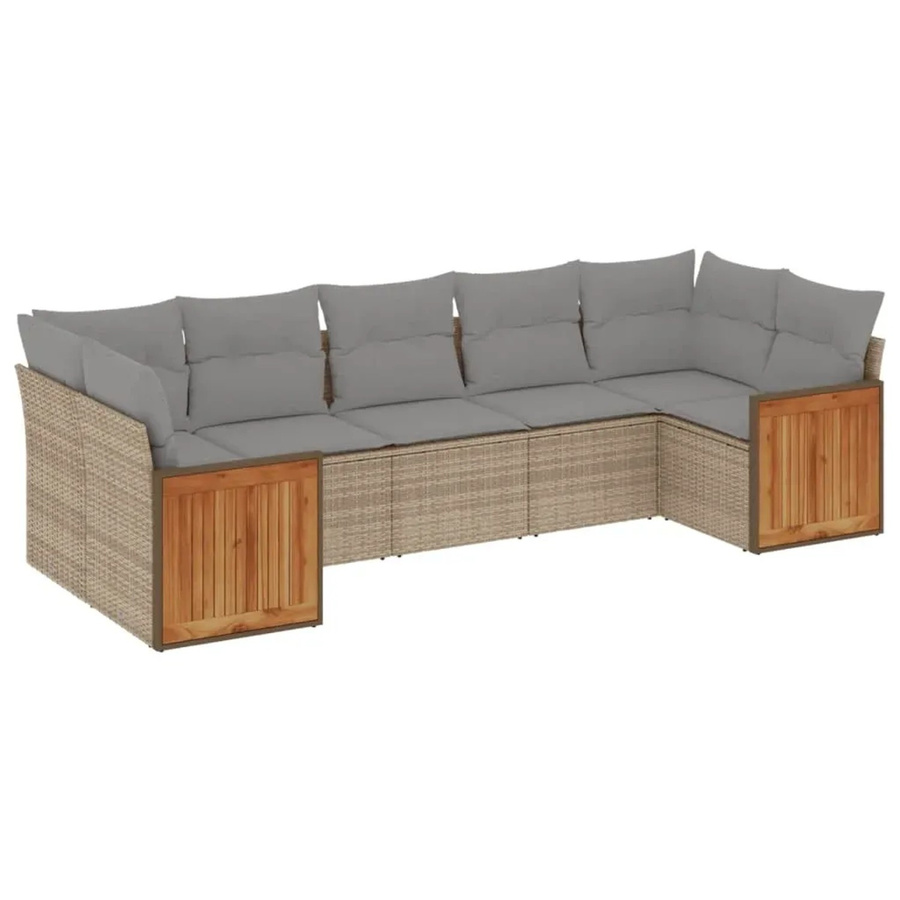 vidaXL 7-teilige Garten-Sofagarnitur in L-Form aus Poly-Rattan und Akazienholz mit Kissen in Beige und Grau - Bild 2