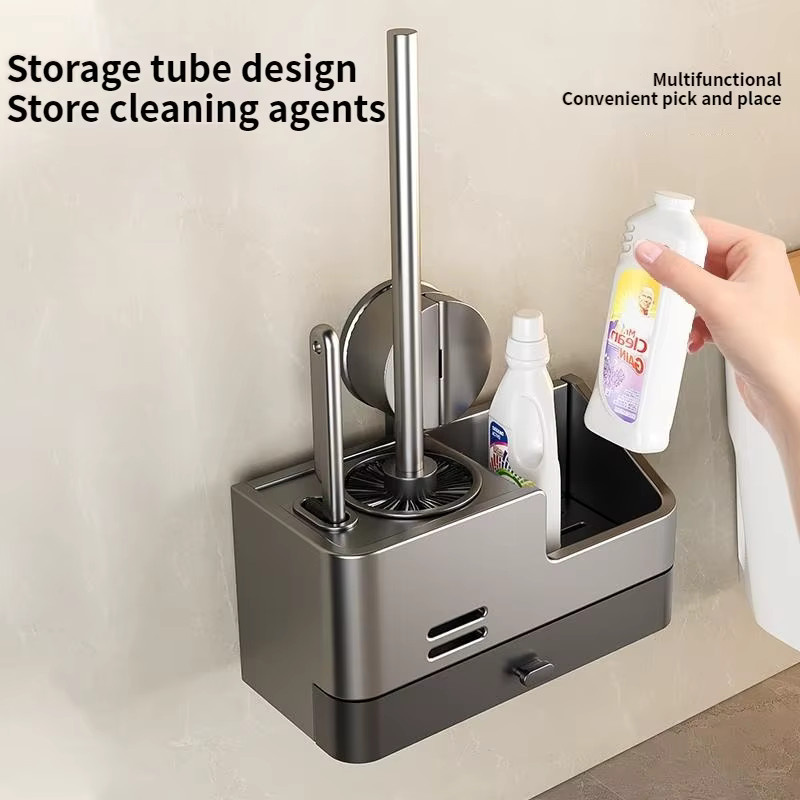 YUNJIEYA Wandmontiertes Badezimmer-Aufbewahrungsregal mit Toilettenbürste und Saugnapf, Schwarz - Bild 3