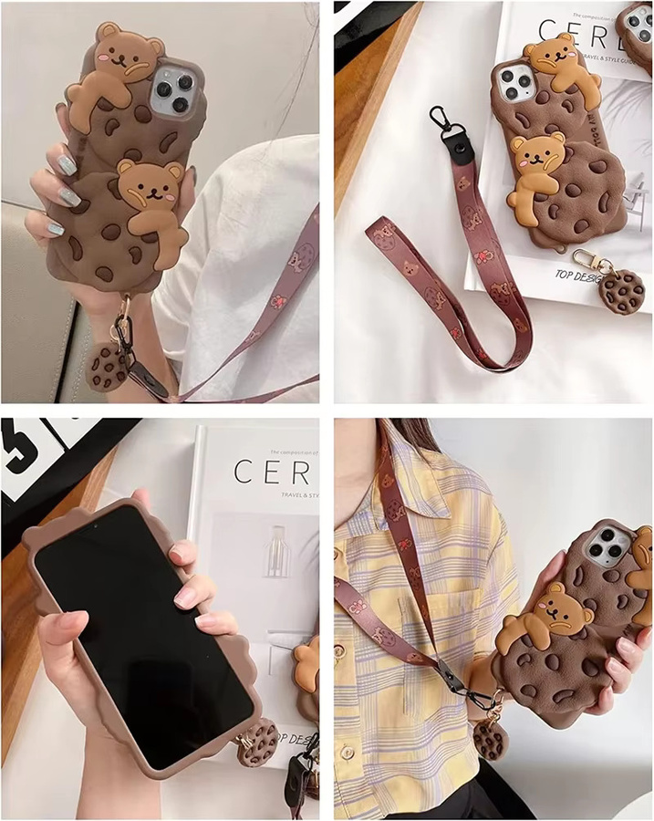 NMEGOU Silikonhülle im Kawaii Cookie Bär Design für iPhone 14 13 12 11 15 Pro Max Plus XS XR X mit Lanyard und Schlüsselanhänger in Braun - Bild 6