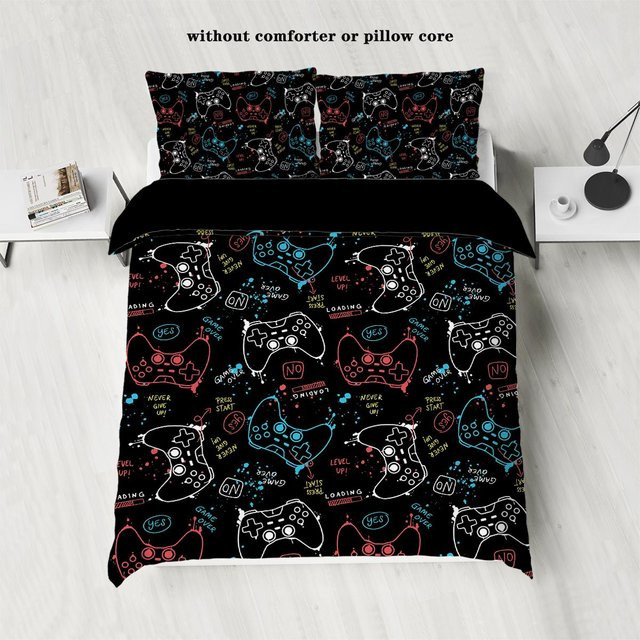 3-teiliges Bettwäsche-Set JMG Household Supplies mit Gamecontroller-Muster in Schwarz, bestehend aus 1 Bettbezug und 2 Kissenbezügen aus Mikrofaser, US-King Größe B: 264 cm, B: 229 cm - Bild 1