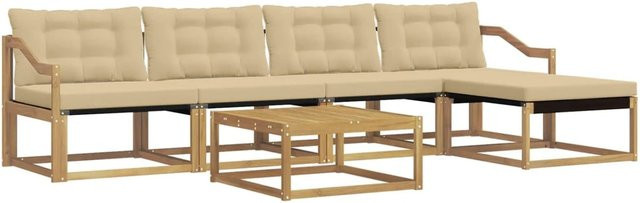 vidaXL Outdoor-Sofagarnitur aus Akazienholz in L-Form mit 6 Teilen, Weiß und Beige, inklusive Polster und Couchtisch, B/T/H: 79 x 79 x 37 cm - Bild 1