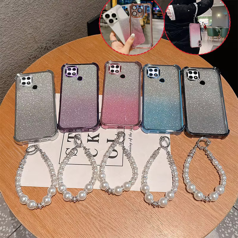 Stoßfeste TPU-Handyhülle mit Gradient Glitter Effekt und luxuriösem Perlenketten-Handgelenksband für Xiaomi Redmi 10C 10 Power und Poco C40 in Pink - Bild 2