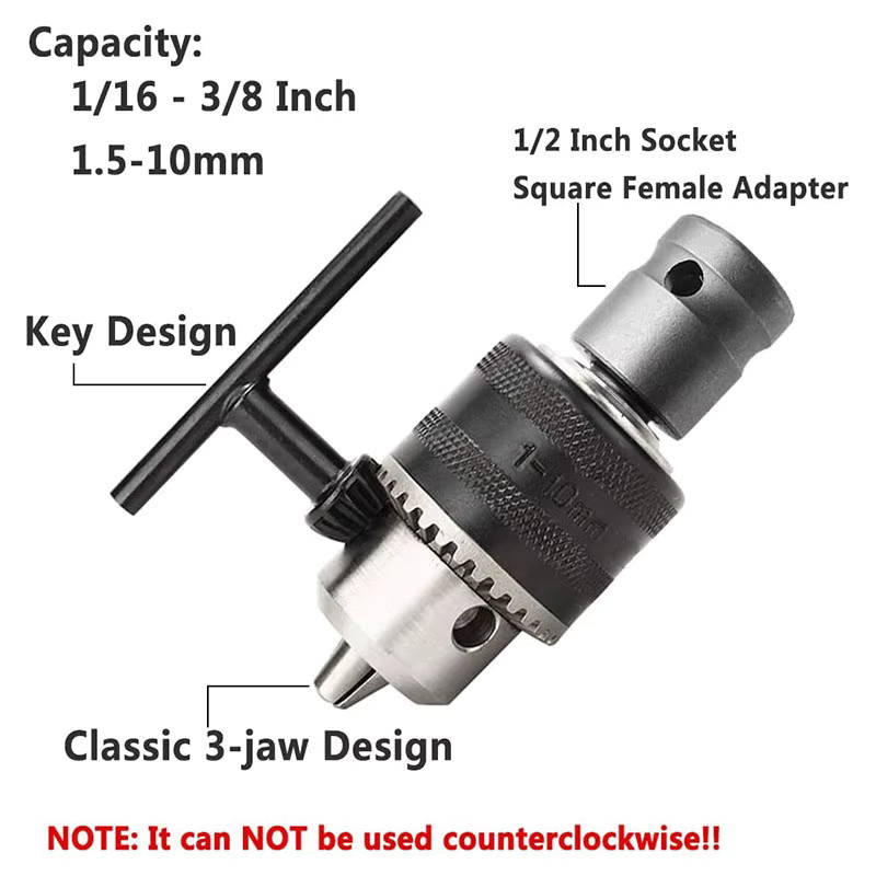 Bohrfutter-Adapter mit 1/16 Zoll Kapazität für 1,5-10mm, quadratische Buchse und Schraubenschlüssel-Konverter in Silber - Bild 2