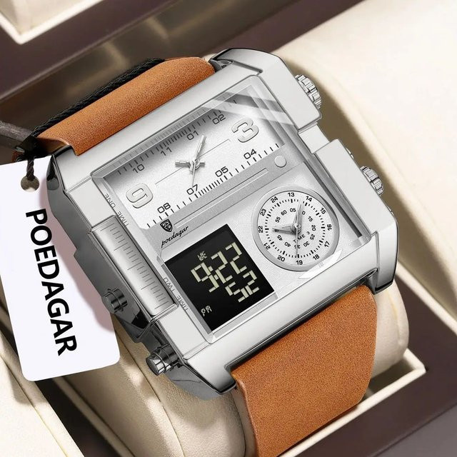 POEDAGAR Digitaluhr, Quarz, Edelstahl, Leder, Gold, Herren - Bild 1