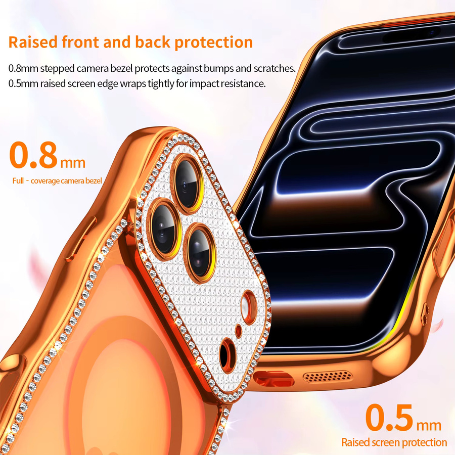 RPKKS Glitzernde Diamant-Handyhülle mit Wellenkanten-Design für MagSafe, stoßfestes Softcover für iPhone 17, 16, 15, 14 Plus, 13 Pro Max in Gold und Orange - Bild 3