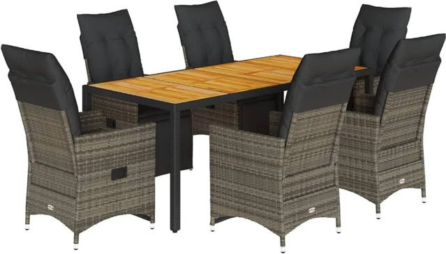 vidaXL 7-teiliges Garten-Bistro-Set aus Poly Rattan und Akazienholz in Grau mit Kissen - Bild 1