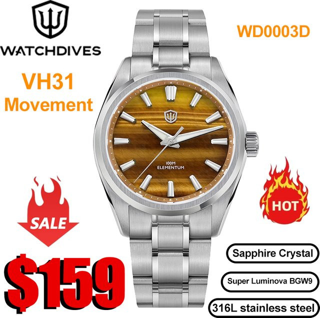 Watchdives Herrenarmbanduhr, Quarz, Edelstahl, Naturstein, 38 mm - Bild 1