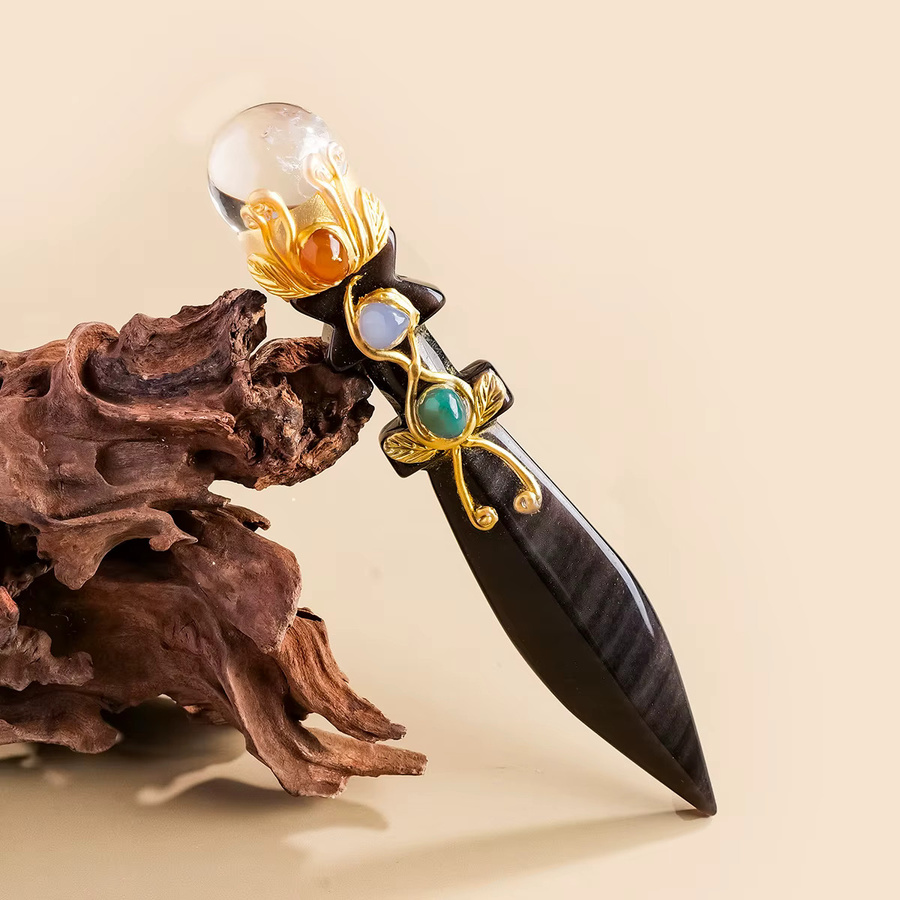 Runyangshi Handgeschnitztes Obsidian und Chevron Amethyst Kristallmesser Athame in Schwarz und Lila als Altar-Dekoration - Bild 2
