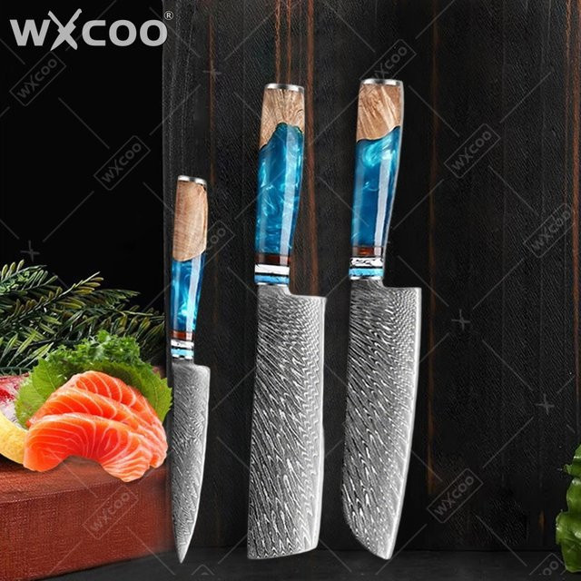 WXCOO 1-6-teiliges Damaszener Stahl Küchenmesser-Set mit blauem Harzgriff, professionelles japanisches Santoku-Messer, Obstschälmesser und Allzweckmesser - Bild 1