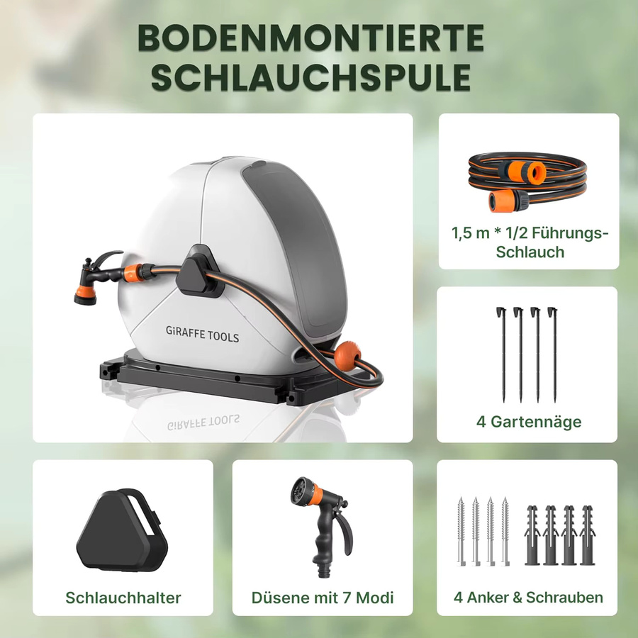 Giraffe Tools Ausziehbare Gartenschlauchtrommel in Weiß mit Bodenmontage und 7-Funktions-Sprühdüse - Bild 3
