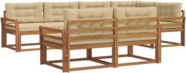 vidaXL Outdoor-Sofagarnitur aus Akazienholz in Natur und Beige, 7-teiliges L-Shape Set mit Kissen und Armlehnen - Bild 1