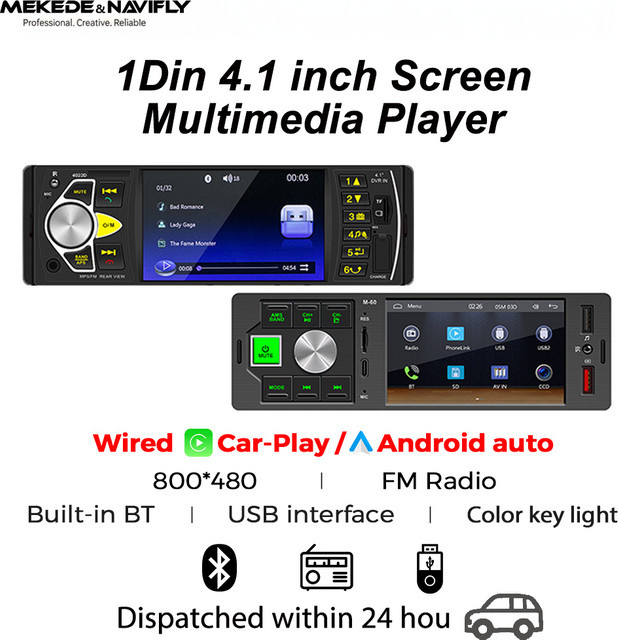 NAVIFANS 1 DIN Wireless CarPlay und Android Auto Autoradio mit 4,1 Zoll Multimedia MP5 Player, Bluetooth, USB-C und FM Stereo in Schwarz - Bild 1