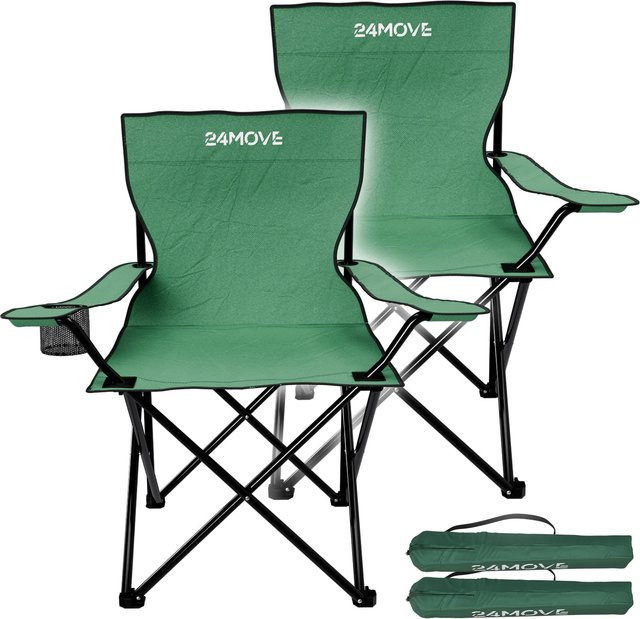 2er Set 24MOVE Campingstühle in Grün mit Getränkehalter und Tragetasche, faltbare Outdoor-Anglerstühle aus UV-beständigem Polyester mit Stahlgestell, Belastbarkeit bis 100 kg - Bild 1