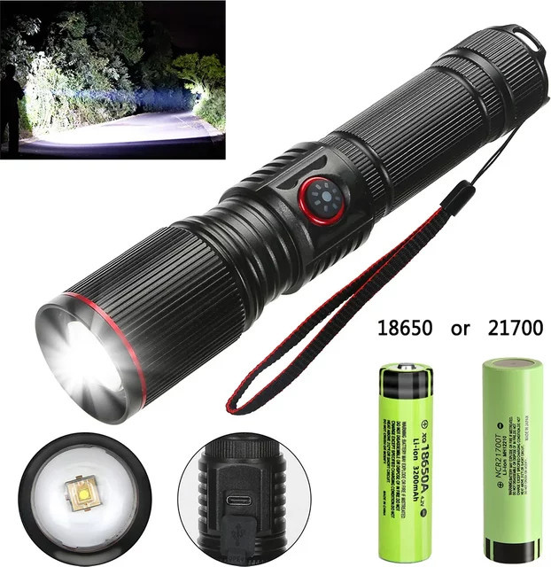 XIWANGFIRE LED-Taschenlampe aus Aluminiumlegierung in Schwarz mit 30 W, Zoom-Funktion und Betriebsanzeige für 18650 oder 21700 Akkus - Bild 1
