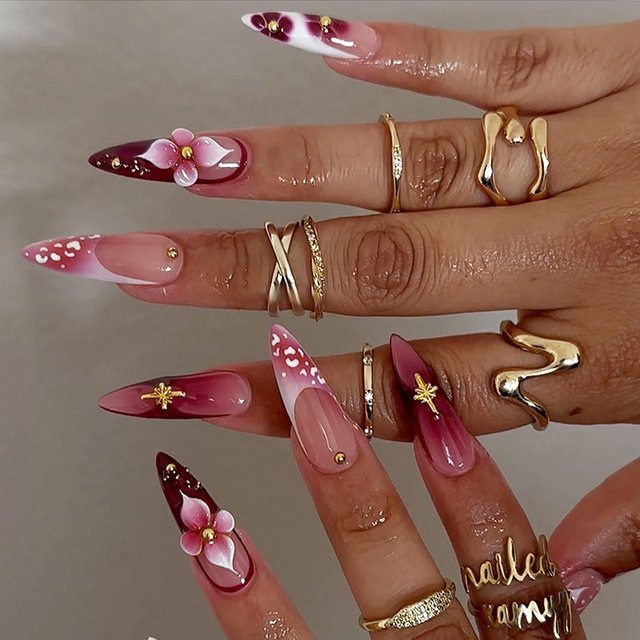 Klasse Nails Künstliche Nägel, Blumenmuster, 24 Stück, Glänzend - Bild 1