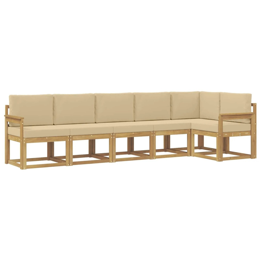 vidaXL Outdoor-Sofagarnitur 6-teilig in L-Form mit Kissen aus wetterfestem Polyester und Akazienholz in Weiß und Beige - Bild 2