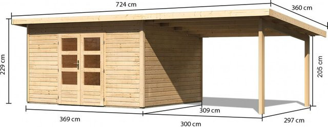 Gartenhaus Karibu NORTHEIM 4 aus nordischer Fichte, naturbelassen, inkl. Anbaudach, B/T: 369 x 309 cm - Bild 1