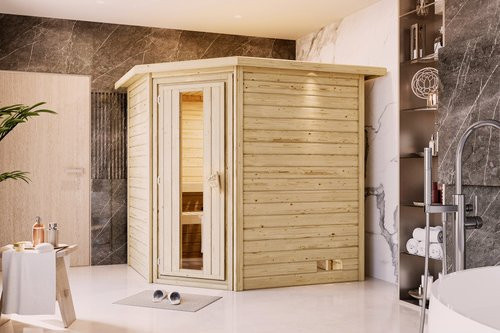 KARIBU Sauna Soodla aus nordischem Fichtenholz für 3 Personen, beige, B/T/H: 224 x 184 x 202 cm - Bild 1