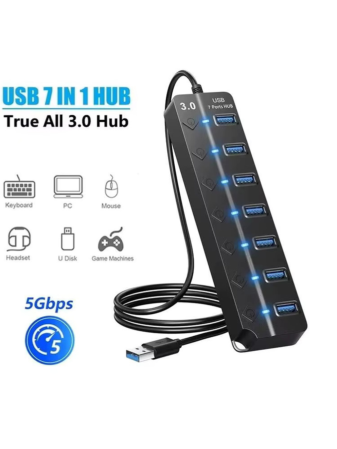 Mrgabwte 7 in 1 USB Hub mit USB 3.0 und USB 2.0 Anschlüssen, Tragbarer USB Splitter mit Ein/Aus Schalter, Schwarz - Bild 7
