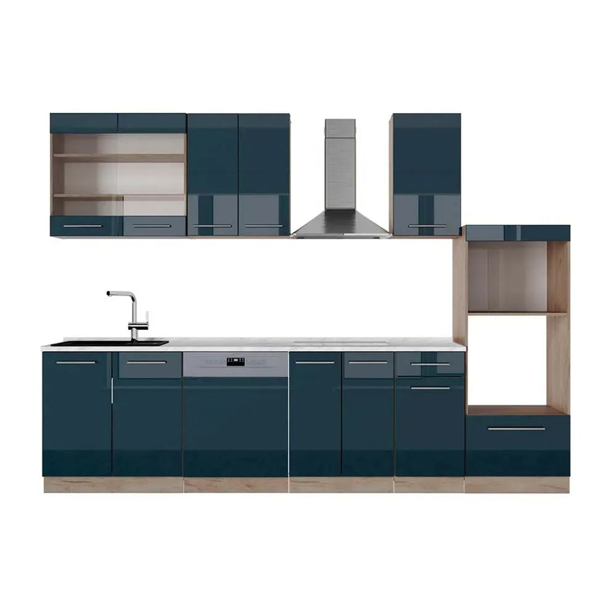 Vicco Küchenzeile Fame-Line Eiche Dunkelblau Hochglanz mit Arbeitsplatte Weiß-Marmor 300 cm - Bild 3