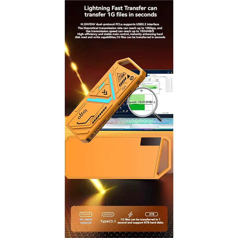 ABZZ M.2 SSD-Gehäuse Tragbares USB 3.1 Typ-C RGB Gehäuse für NGFF/NVME SSD mit 10 Gbit/s in Orange - Bild 2