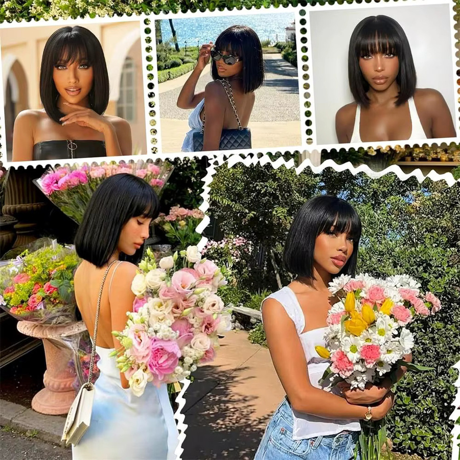 HALOQUEEN HAIR Echthaar-Perücke, Kurzer Bob mit Pony, Light Yaki, 180% Dichte - Bild 5