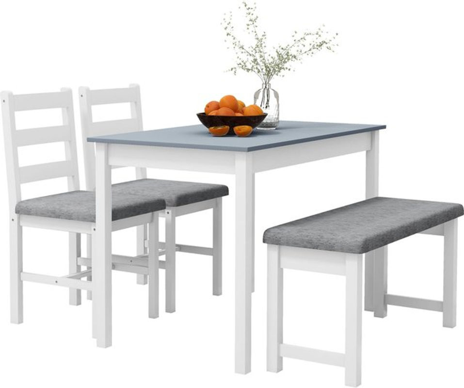 HOMCOM Esszimmergruppe aus Kiefernholz mit Esstisch, Bank und 2 gepolsterten Stühlen in Leinenoptik, Grau-Weiß, B: 108 cm, T: 65 cm, H: 75 cm - Bild 2