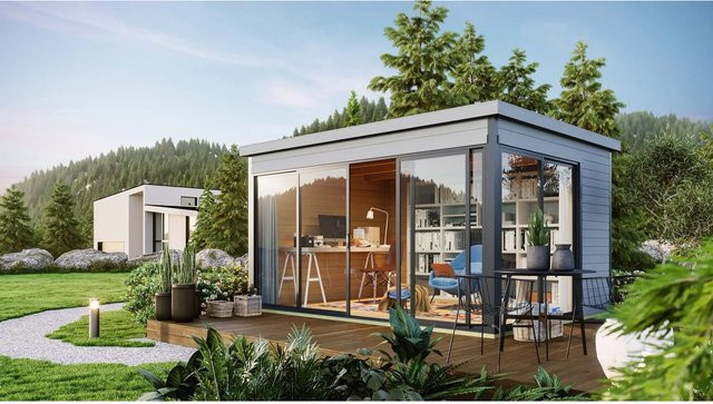 Lasita Holz-Gartenhaus Domeo Log Cabin mit Flachdach in Lichtgrau lasiert, B: 418 cm, T: 321.9 cm - Bild 1