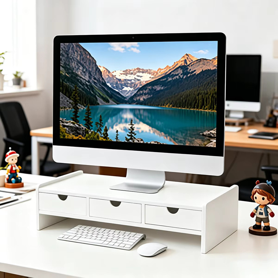 Doppelschichtiges halbkreisförmiges Desktop-Aufbewahrungsregal mit drei Schubladen als ergonomischer Monitorständer und Laptop-Erhöhungshalterung in Weiß - Bild 5
