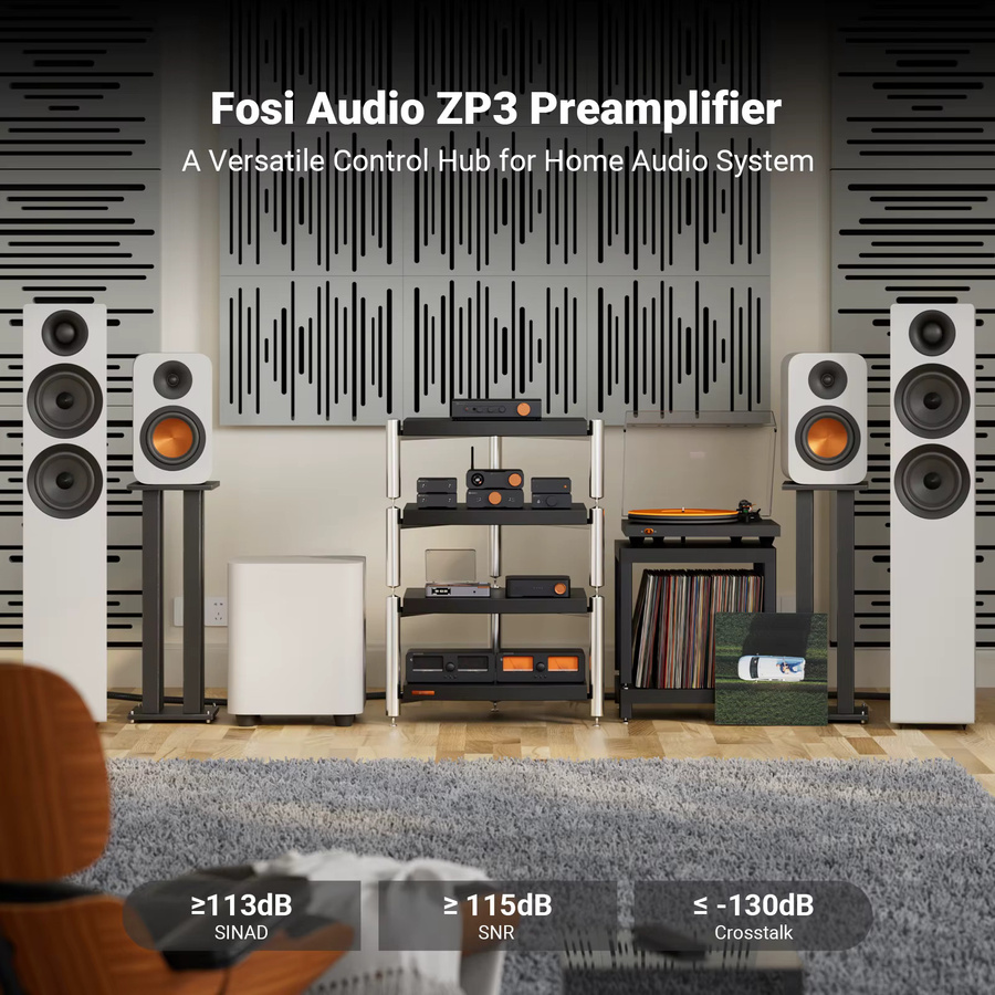 Fosi Audio ZP3 Symmetrischer Vorverstärker in Schwarz mit Fernbedienung, 3-in/3-out XLR/RCA/SUB OUT und Hochpassfilter (HPF) - Bild 4