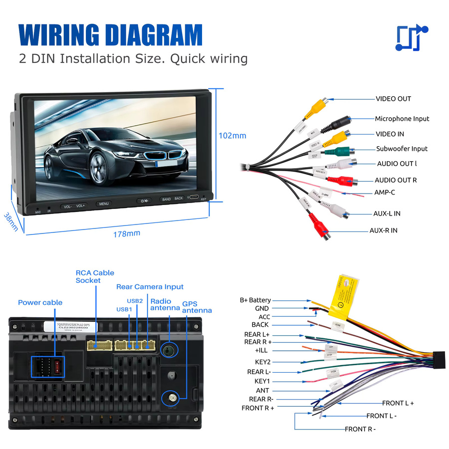 ESSGOO Android 15 Autoradio mit 7 Zoll Touchscreen, 2 DIN, Schwarz, kabelloses CarPlay und Android Auto, GPS, WLAN, Bluetooth, USB Typ-C und Lenkradsteuerung - Bild 6