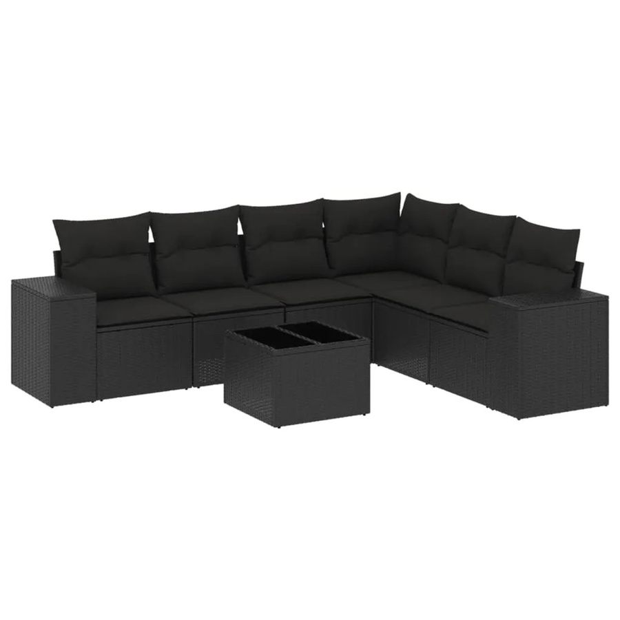 vidaXL 7-tlg Garten-Sofagarnitur in L-Form aus schwarzem Poly-Rattan mit Kissen und pulverbeschichtetem Stahlgestell - Bild 2