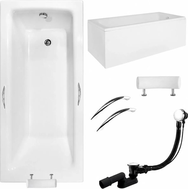 KOLMAN Badewanne rechteckig in Weiß mit Acrylschürze, Ablauf und Füßen - Bild 1