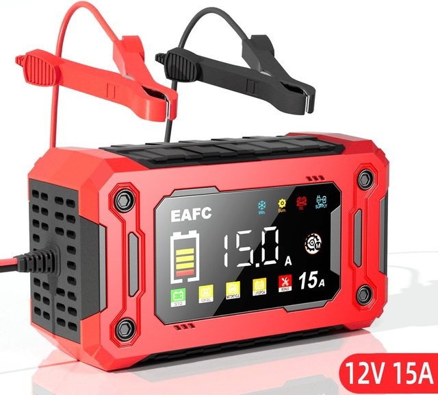 EAFC Smart Batterieladegerät 12V mit 15A/8A Puls-Reparatur und Display für Auto, Motorrad sowie Blei-Säure, AGM und GEL Batterien in Rot - Bild 1