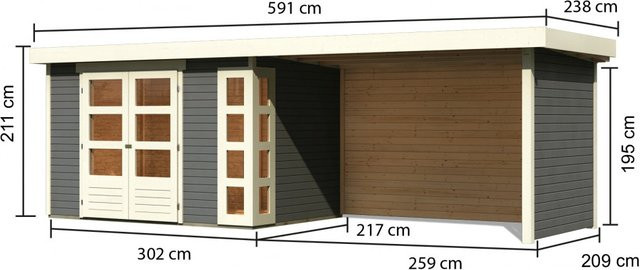 Gartenhaus Holz KERKO 4 Terragrau mit Anbaudach und Rück- sowie Seitenwand B: 302 cm, T: 217 cm, Wandstärke: 19 mm - Bild 1