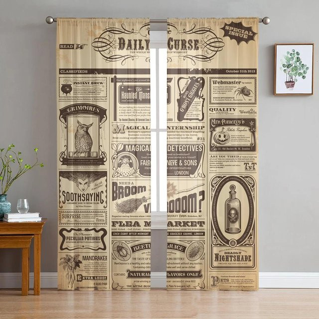 Yiran Furniture Halloween Krähe Skelett Voile Tüll Vorhang in Beige mit Ösen, Breite: 135 cm, Höhe: 115 cm - Bild 1