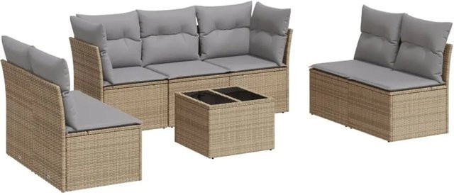 vidaXL 8-tlg. Garten-Sofagarnitur aus Poly-Rattan in Beige mit Tisch und Kissen, L-Form - Bild 1