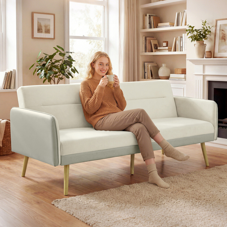 HOMCOM 3-in-1 Schlafsofa 3-Sitzer als Klick-Klack-Sofa mit verstellbarer Rückenlehne und gepolsterter Sitzfläche in Beige mit Velours- und PU-Bezug sowie Metallfüßen - Bild 2