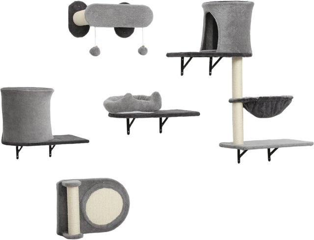 PawHut Wand-Katzenregal 5-teiliges Möbel-Set in Grau mit 2 Höhlen, Hängematte, Plattformen und Sisal-Kratzflächen für Wohnungskatzen bis 5 kg - Bild 1