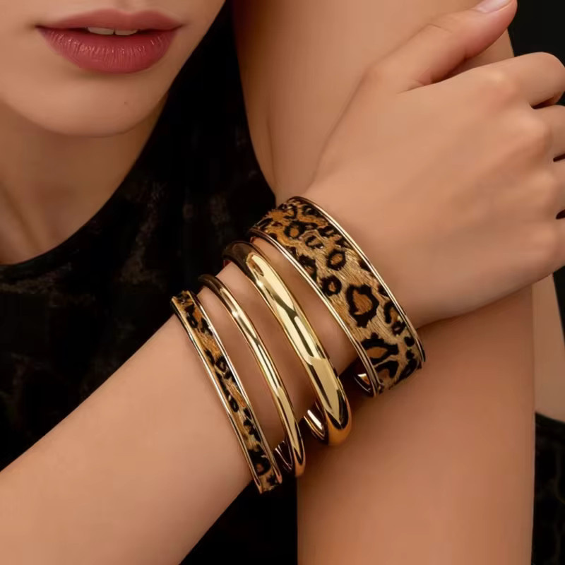 AY Armband-Set, 4-teilig, PU-Leder, Leopardenmuster, Damen, Gold - Bild 2