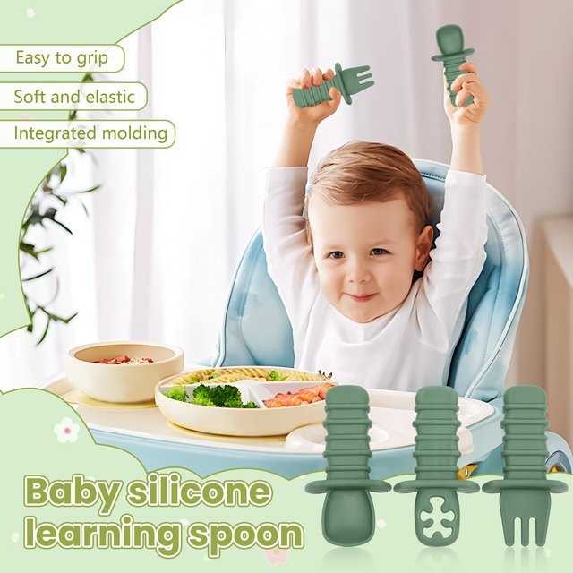 3-teiliges Baby-Löffel- und Gabel-Fütterungsset aus Silikon in Grün für die Selbsternährung ab 3 Monaten - Bild 1