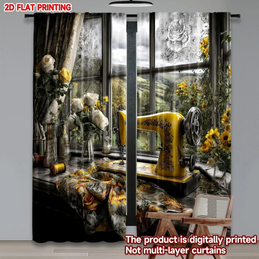 Set aus 2 transparenten Voile-Gardinen mit Vintage Nähmaschinen-Motiv in Gelb und Antik-Floral, Breite: 100 cm, Höhe: 70 cm - Bild 4