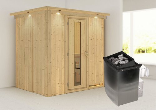 Karibu Sauna Kothla aus Fichtenholz mit 9 kW Saunaofen und integrierter Steuerung für 3 Personen, beige - Bild 1