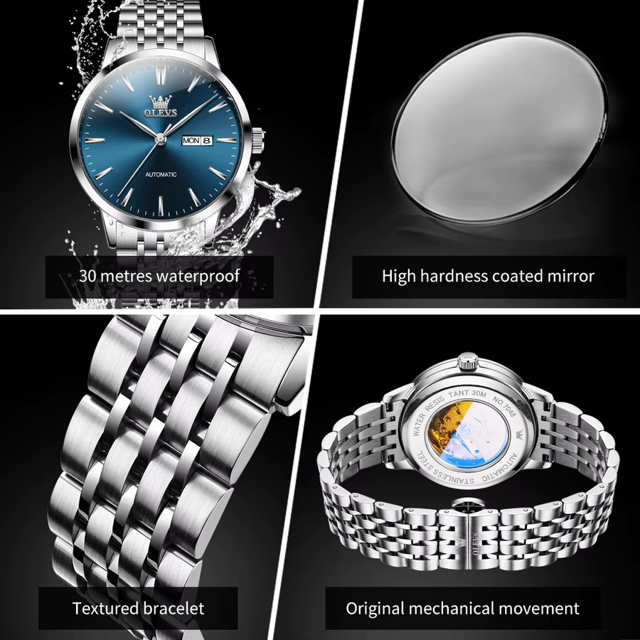 OLEVS Armbanduhr Automatik, Edelstahl, Silber, Dual-Kalender, Herren - Bild 4